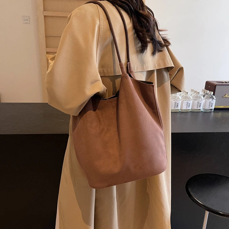 2pcs/set  Women Tote Bags Work Bags Suede Slouchy Bag Hobo Handbag Tote Handbag Suede Shoulder Bag Solid Color Commuting Bag