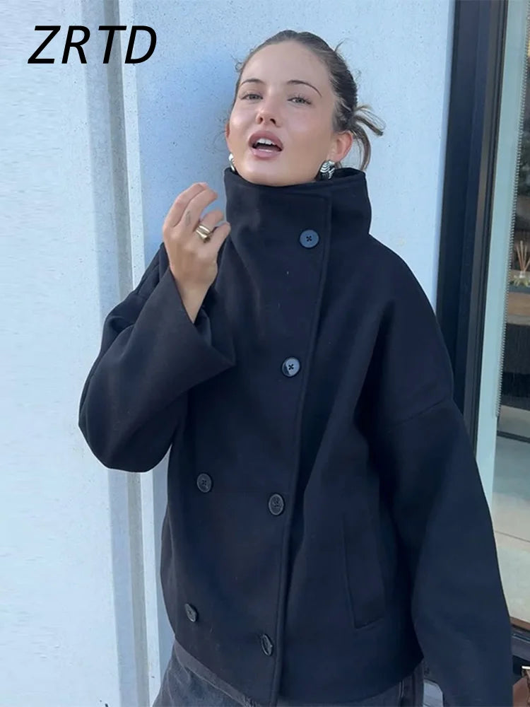 Elegant Women's Short Woolen Coats Loose Stand Collar Double Breasted Pocket Full Sleeve Jacket 2025 Autumn Lady Street Outwear