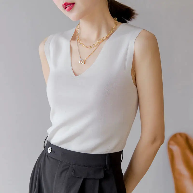 Summer Women Knitted Tank Tops Women Thin Tops Basic Casual Tank Tops V-neck Tees Sleeveless Tops For Women