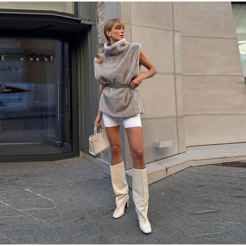 Vintage Brown Women's Faux Fur Vest Solid High Collar Sleeveless Thicken Female Waistcoat 2025 Autumn Winter New Lady Streetwear