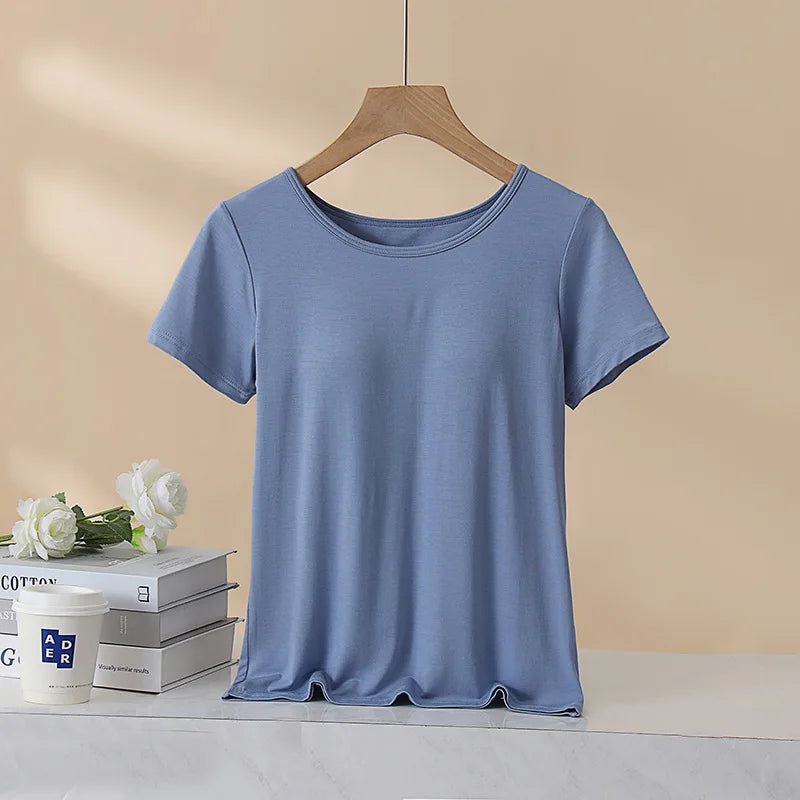 Women's T-Shirt with Chest Pad Tops  One-Piece Bra Cup Slim T Shirt Female Summer Top Bottoming Shirts Home Wear Women Pajamas