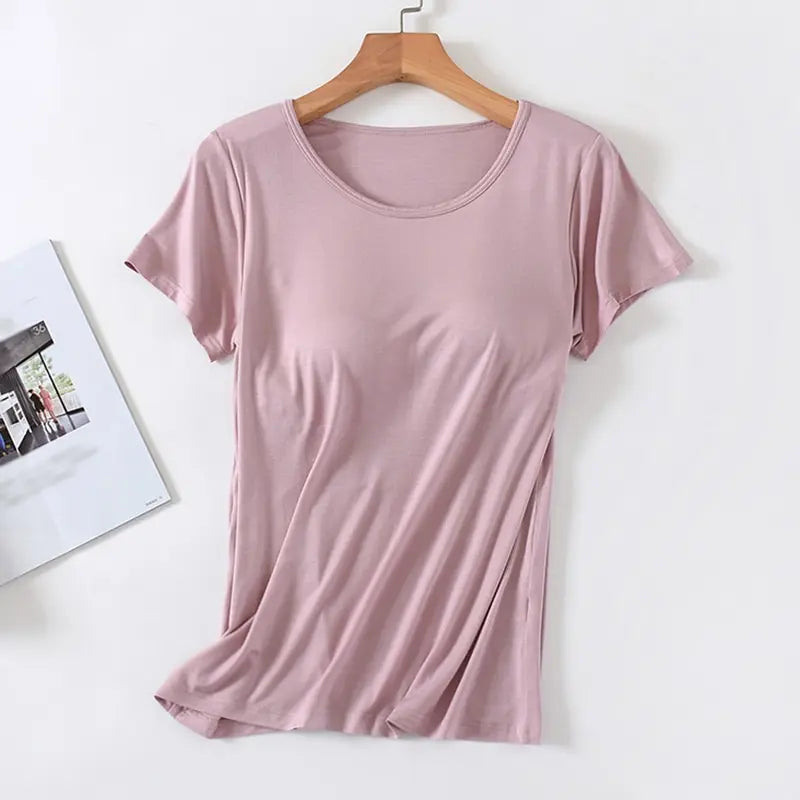 Women's T-Shirt with Chest Pad Tops  One-Piece Bra Cup Slim T Shirt Female Summer Top Bottoming Shirts Home Wear Women Pajamas