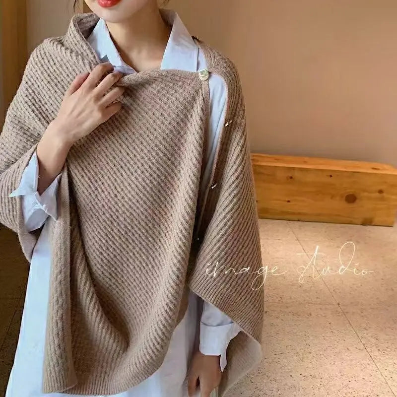 Warm Knitted Plain Color Scarf Thick Single Breasted Wool Shawl Wrap Women Cape Open Side Woven Cardigan Poncho Stole