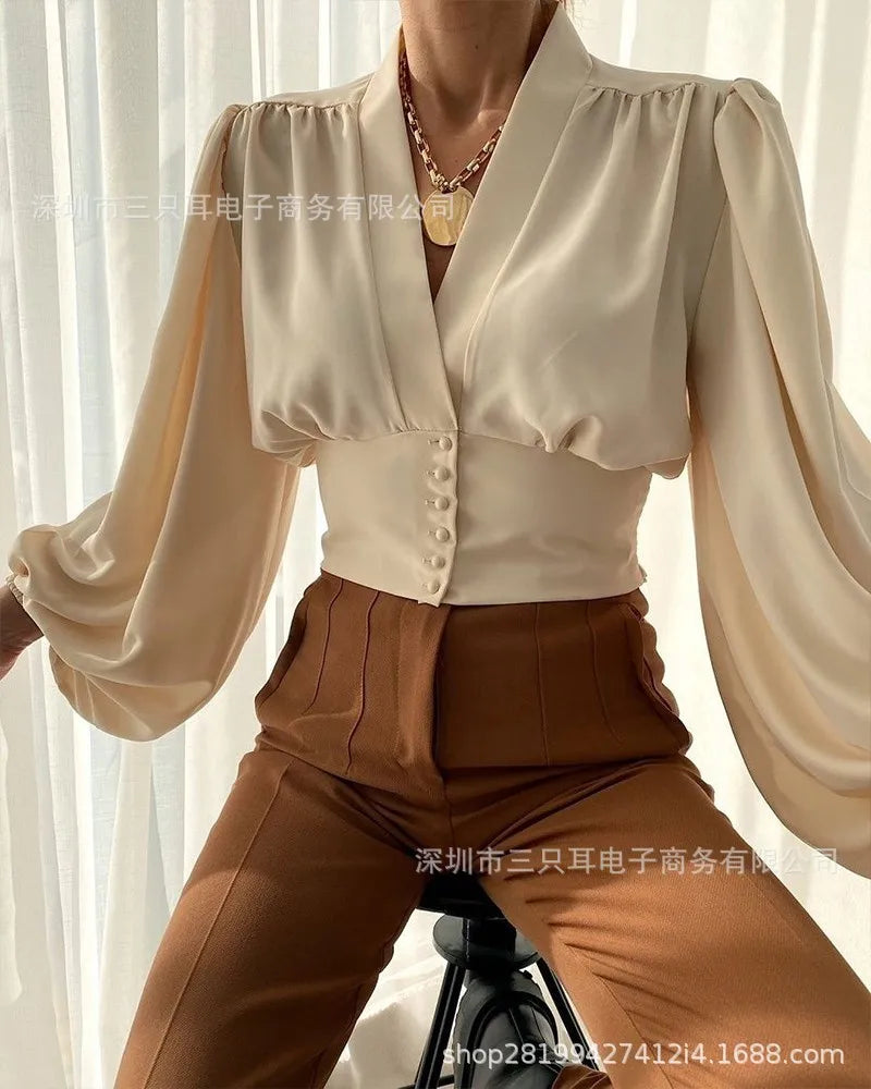 Elegant And Youth Woman Blouses Spring V-neck Lantern Sleeve Slim Fit Women's Shirts Button Long Sleeve Shirts And Blouses 2024