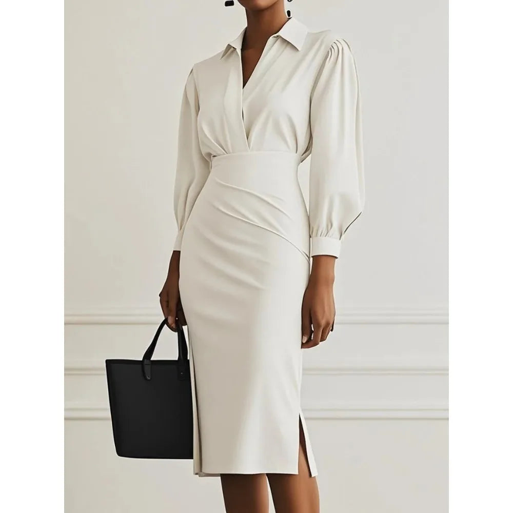 Dresses Women Long Dress 2025 Autumn Office Lady Vestidos Largos Lapel Split Slash Tight Waist Slim Solid Casual Elegant Dresses