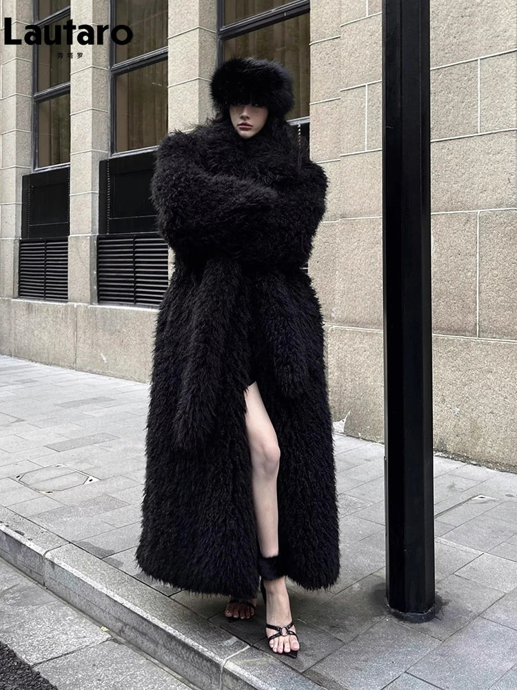 Lautaro Winter Extra Long Soft Thick Warm Fluffy Black Fuzzy Shaggy Hairy Faux Fur Coat Women Sashes Luxury Furry Overcoat 2023