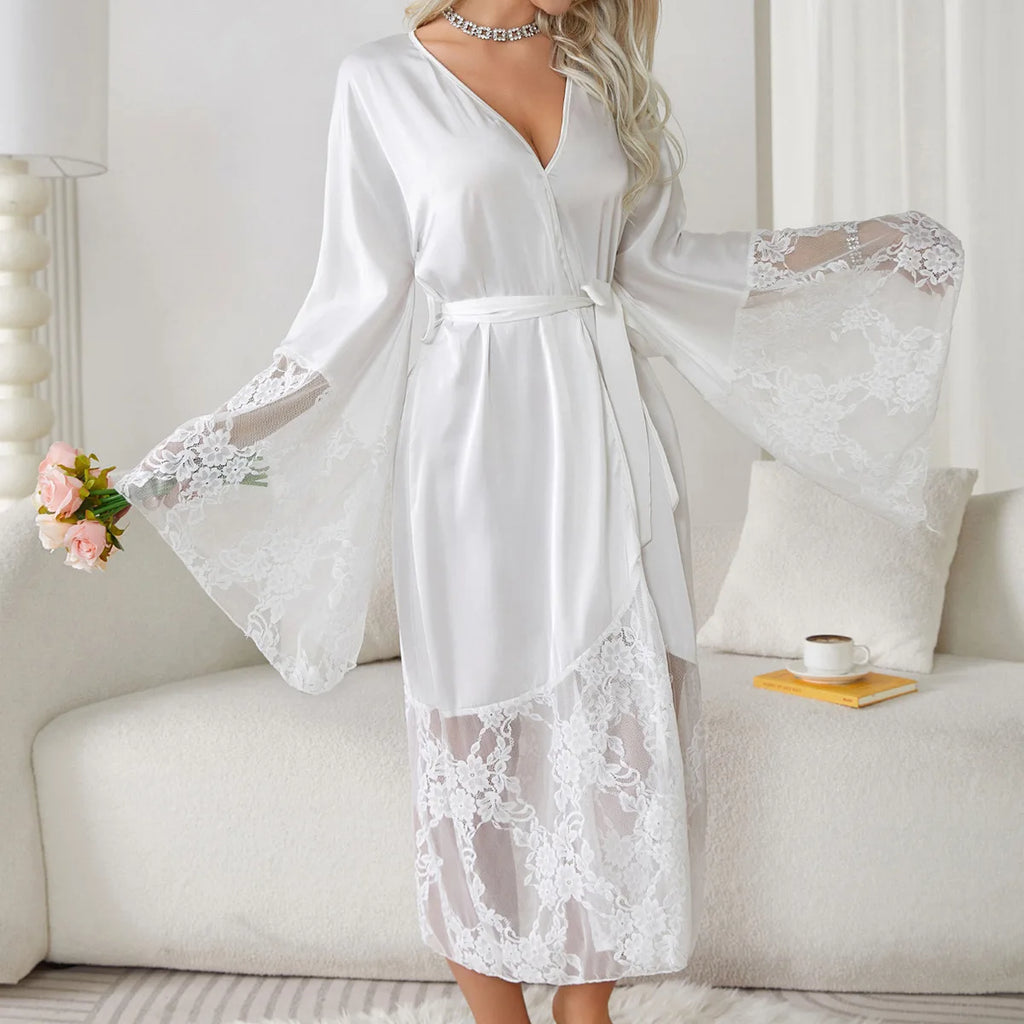 Women Robe Long Elegant Kimono Bathrobe Bride Wedding Gift Dress Lace Patchwork Nightgown Lady Loose Homewear Intimate Lingerie