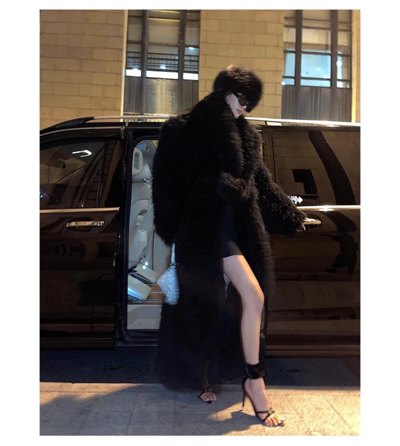 Lautaro Winter Extra Long Soft Thick Warm Fluffy Black Fuzzy Shaggy Hairy Faux Fur Coat Women Sashes Luxury Furry Overcoat 2023