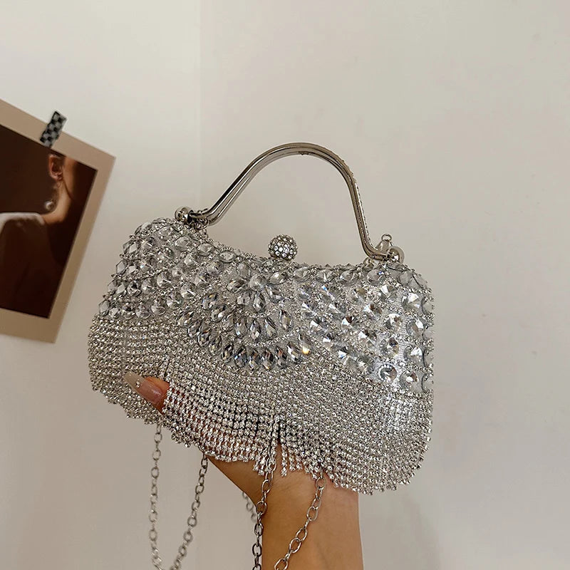 Gold Evening Clutch Bag For Women Luxury Diamond Party Purse Handbag Fashion Tassel Shoulder Crossbody Box Lipstick Bag Designer