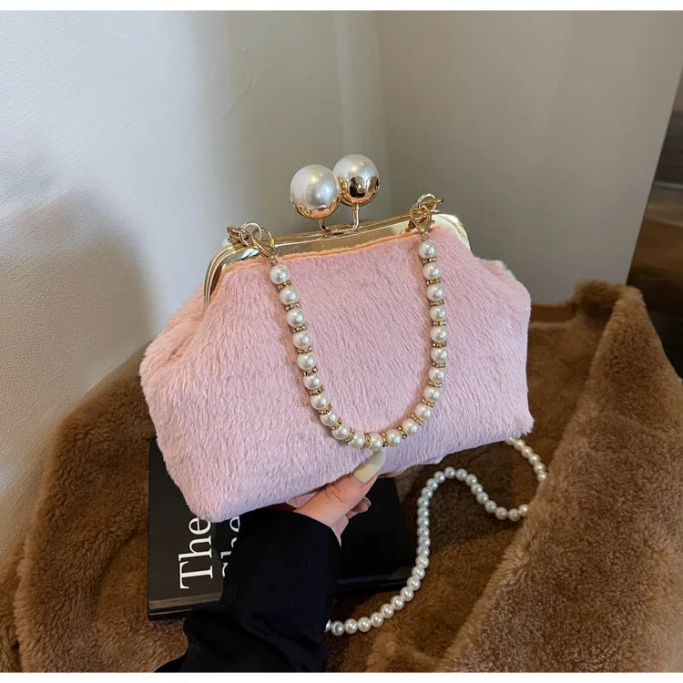 High-end Beaded Fashion Women's Bag Autumn Personality Trendy Evening Bag Plush Handbag Shoulder Crossbody Bag
