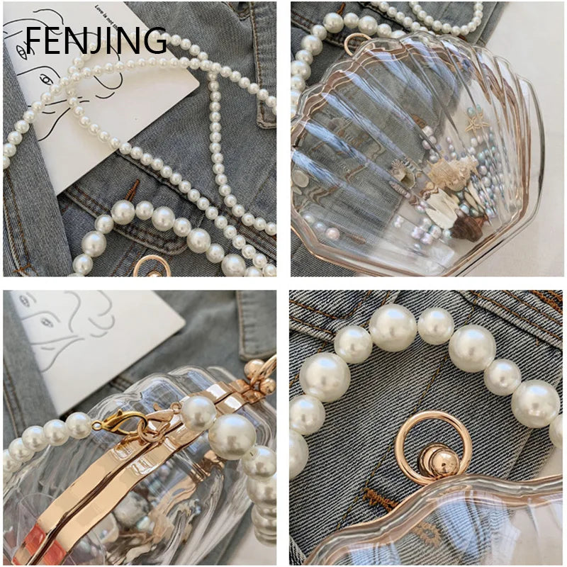 Evening Bags for Women 2023 New Transparent Shell Bag Clutch Box Handbags Pearl Chain Crossbody Bag Acrylic Purse Shoulder Bag