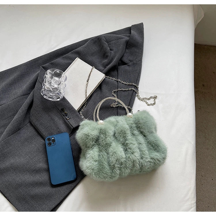 Soft Plush Evening Bags For Elegant Women Fur Dinner Party Clutch Chain Crossbody Winter Warm Luxury Designer Handbags