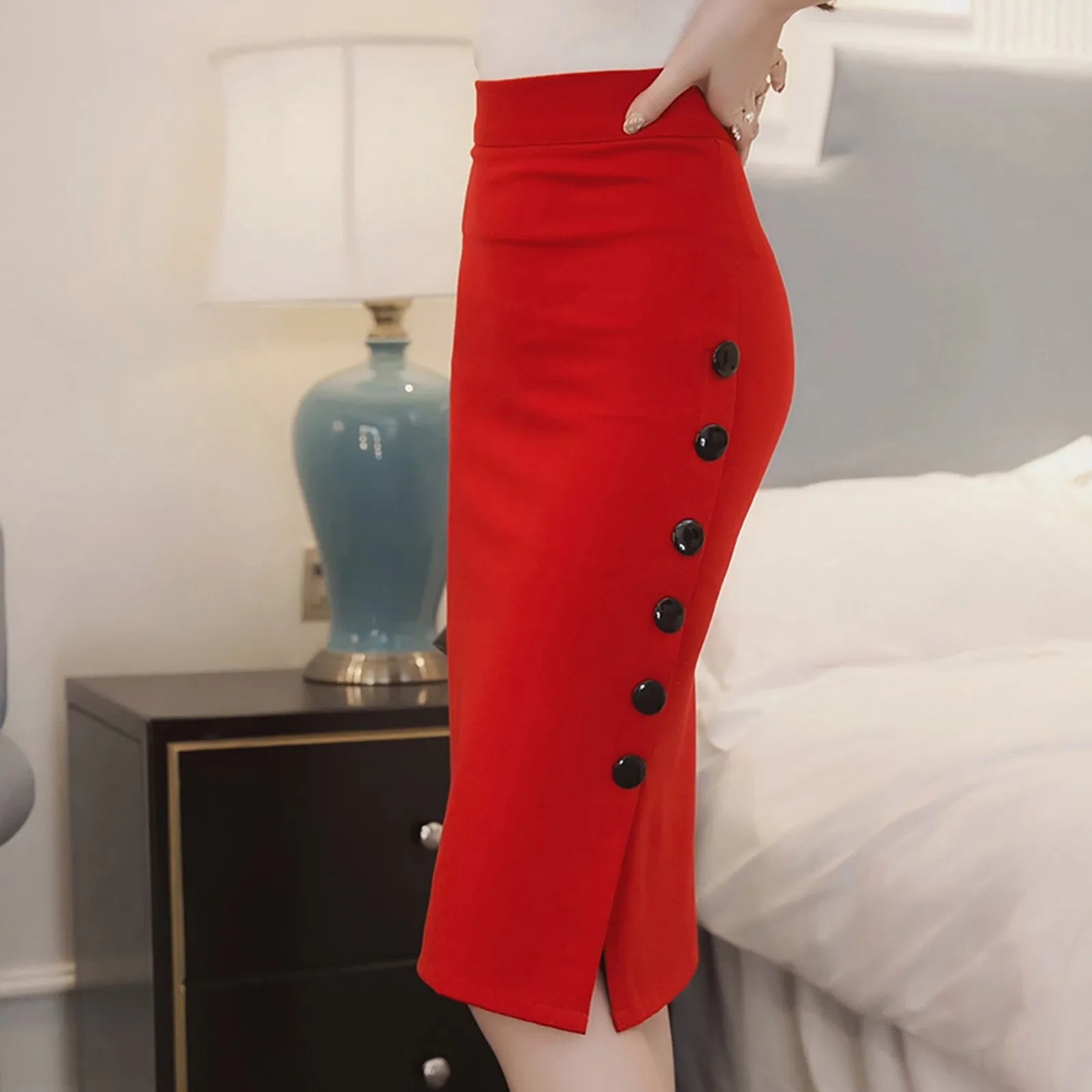 Elegant Women Vintage Office Skirt Lady Slim High Waist Buttons Slit Pencil Skirts Women Summer Sexy Stretch Midi Skirts
