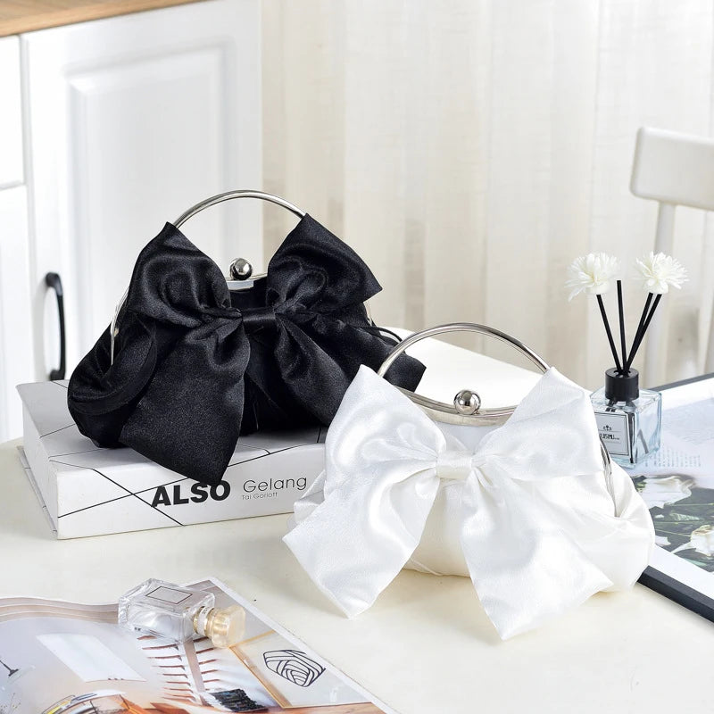 Elegant Sweet Satin Bow Handbag Ladies Evening Clutch Bag Fashion Chain Shoulder Bag For Women Wedding Party Bridal Clutches Bag