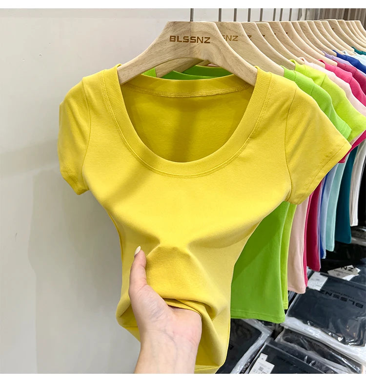 2025 Sexy Square Collar Slim T Shirt Women Cotton Elastic Basic Solid Female Casual Tops Short Sleeve Thin T-shirts See Through