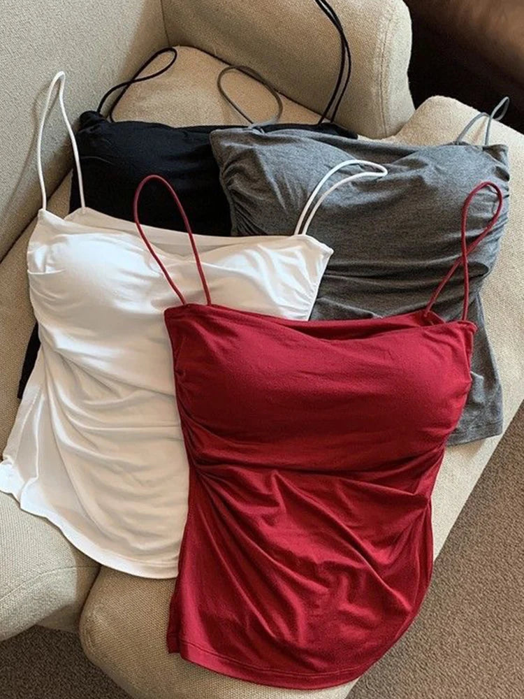 Sleeveless Tees Tank Tops For Women Camisole Vest Cropped Top Slim Fit Solid Color Spaghetti Strap Built In Bra Women Clothes