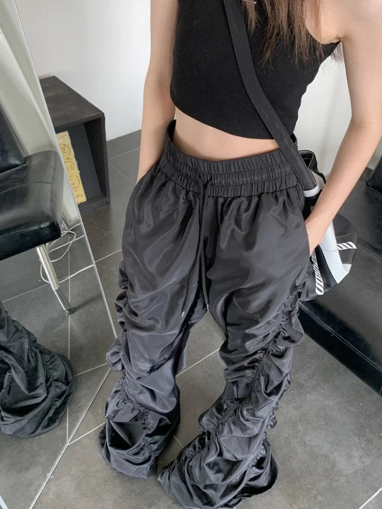 High Waisted Pants Women Black Joggers Casual Shirring Design Vintage European Style Personality Hip-hop Cool Girls Pantalones