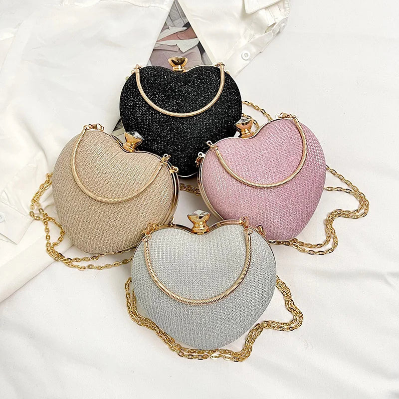 Evening Clutch Bag Women Bag Shiny Handbag Heart Shape Metal Clutches Bag Fashion Chain Shoulder Crossbody Bag Luxury Lady Purse