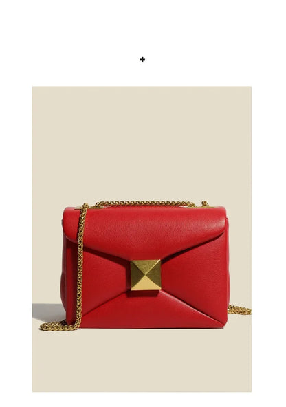 Early Spring Korean Style Cropped Studded Niche Chain Bag 2024 New Trendy Versatile Handbag Genuine Leather Small Square Bag