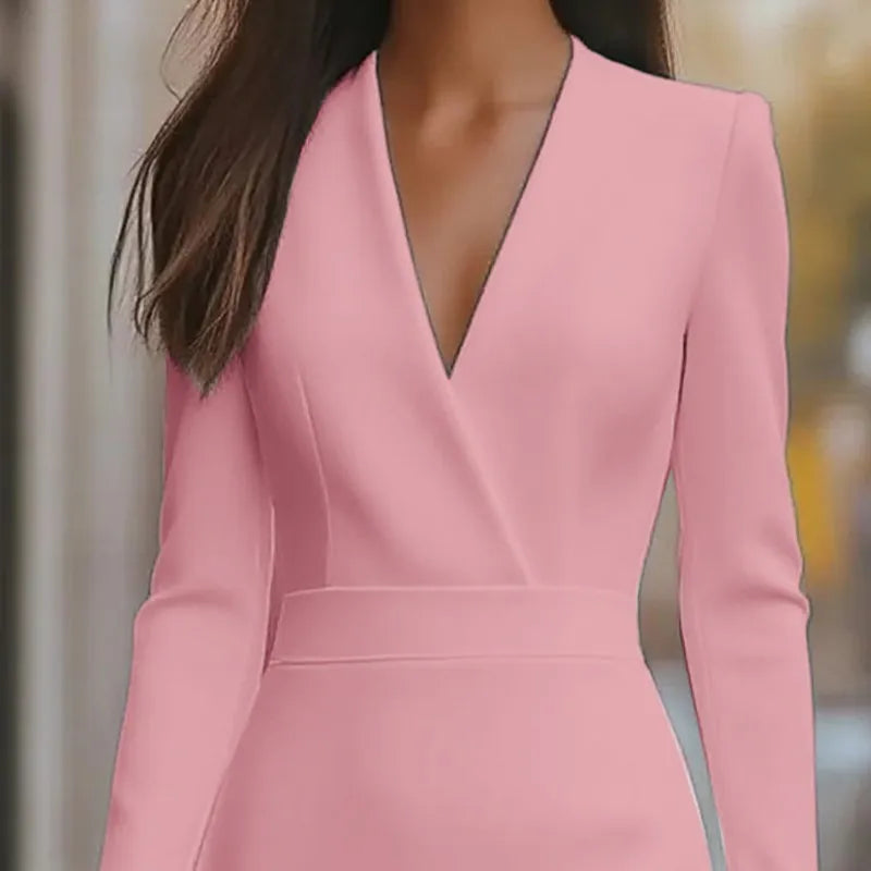 Fashion Women's Dress New Fall Deep V-neck Waist-hugging Solid Color Long-sleeve Pencil Midi Black Dresses For Women Streetwear