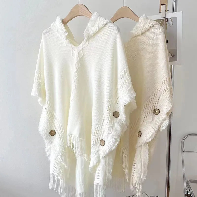 Hooded Crochet Cloak Poncho Shawl - Boho Chic Fringed Knit Wrap for Women, Spring-Autumn Versatile Outerwear