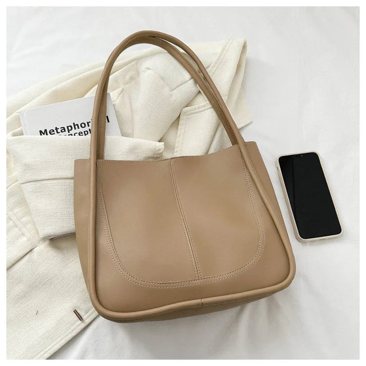 Women's Retro Tote - High-Quality Solid Color, Minimalist Large-Capacity Commuter Handheld/Single-Shoulder