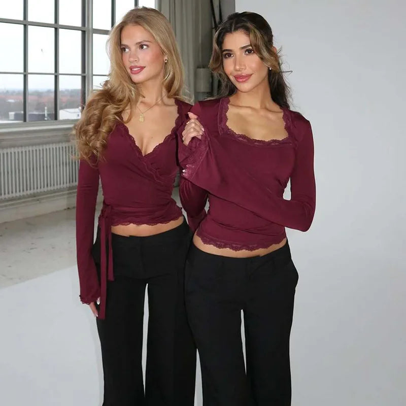 FDYOUI Lace Patchwork Long Sleeve T-shirts Streetwear Y2K Woman Clothes Casual Fashion Square Collar Slim Pink Tee Shirt Tops