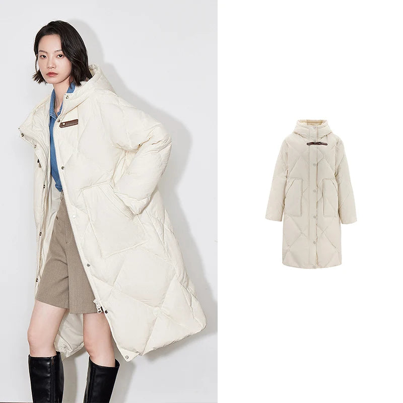 TOYOUTH Women 90% White Duck Down Jacket 2024 Winter Fox Collar Thick Hooded Coat Horn Button Warm Long Overcoat