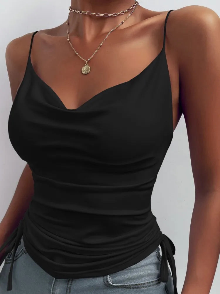 Women's Solid Tank Top V Neck Camisole Cami Drawstring Spaghetti Strap Top Sleeveless Blouse Tank Shirt New Summer Crop Top