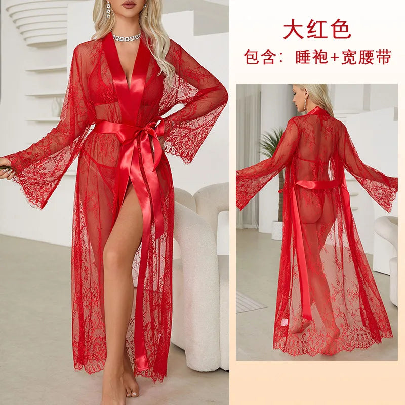 Women's Sheer Lace Robe Sexy See Through Nightgown with Jacquard Lace Floral Trim Satin Lounge Dress for Kimono Robe Home Wear