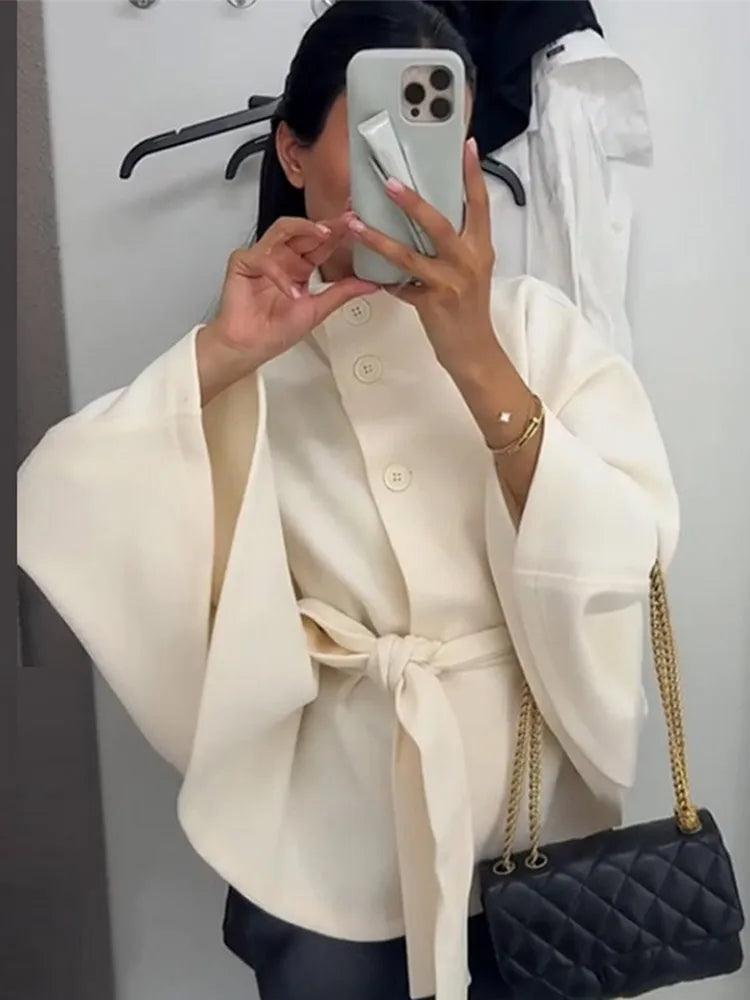 Elegant Lace Up Loose Fit Cape Coat Women's Autumn Winter Oversized High Neck Belted Wrap Jacket Fashion Warm Outerwear Outfit