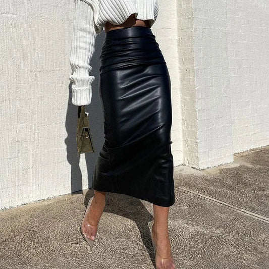 Elegant Skirt Office Lady Fashion Ruched PU Leather Midi Skirts Women Slim High Waist Black Skirts Spring Autumn Bottom 2023 New