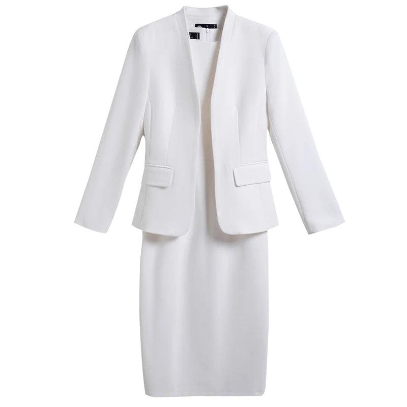 NAVIU Two Piece Dress Suits For Women Long Sleeve Solid Slim Fit Fashionable Momochromatic New Office Ladies Work Wear White