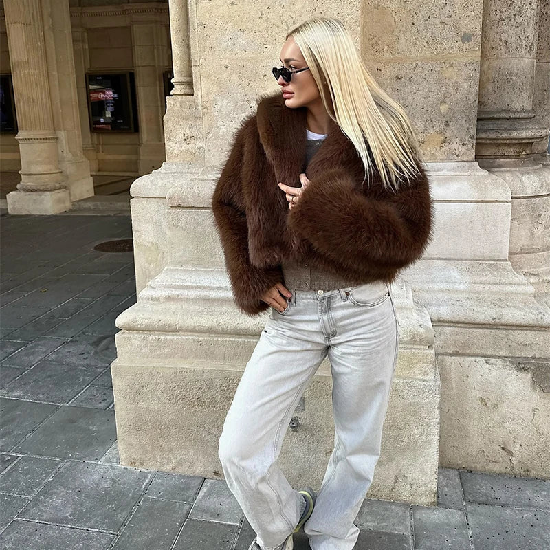 Street Faux Fur Women Coat Urban Full Sleeve Lapel Panelled Pocket Female Outwear 2025 Autumn Winter Elegant Lady Outwear