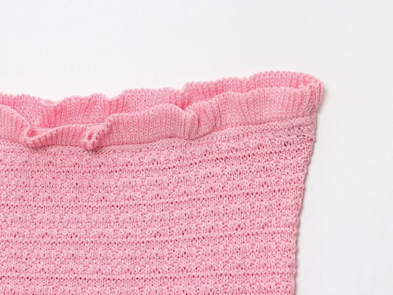 MUJER Pink Knit Skirt Set 2 Piece Woman Pleated Long Skirts for Women off Shoulder Ruffle Top Women's Skirts Set Summer Outfit