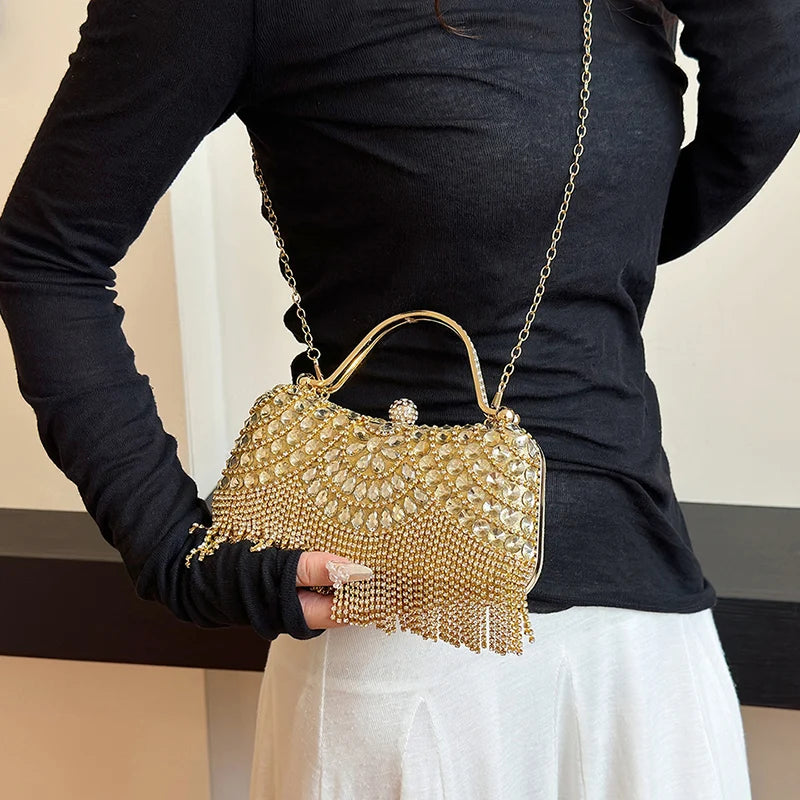 Gold Evening Clutch Bag For Women Luxury Diamond Party Purse Handbag Fashion Tassel Shoulder Crossbody Box Lipstick Bag Designer