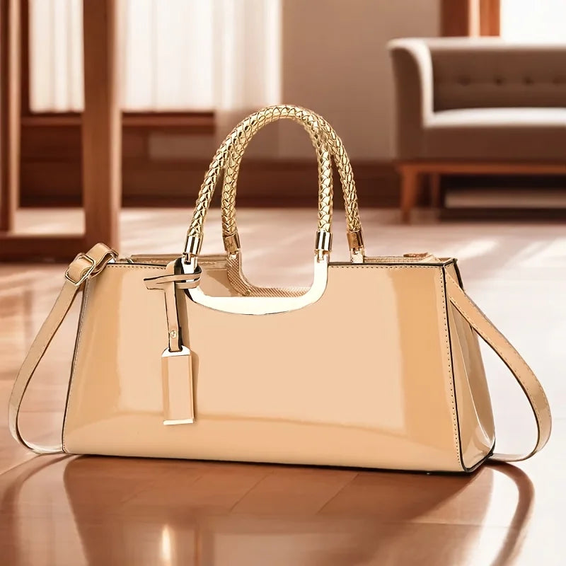 Elegant Evening Clutch - Solid Color Glossy Finish Handbag with Zipper Closure and Polyester Lining for Parties and Weddings