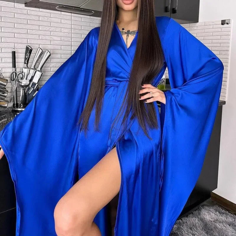 Fashion Elegant Women Long Robe Home Dress Sexy Ice Silk Kimono Bathrobe Gown Spring Summer Nightgown Loungewear Loose Homewear