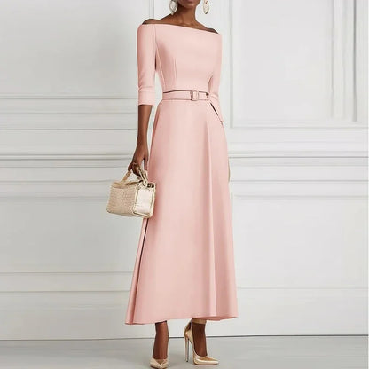 Elegant Party Dresses For Women One Shoulder Half Sleeve High Waisted A-Line Long Dress Women Offfice Dress White