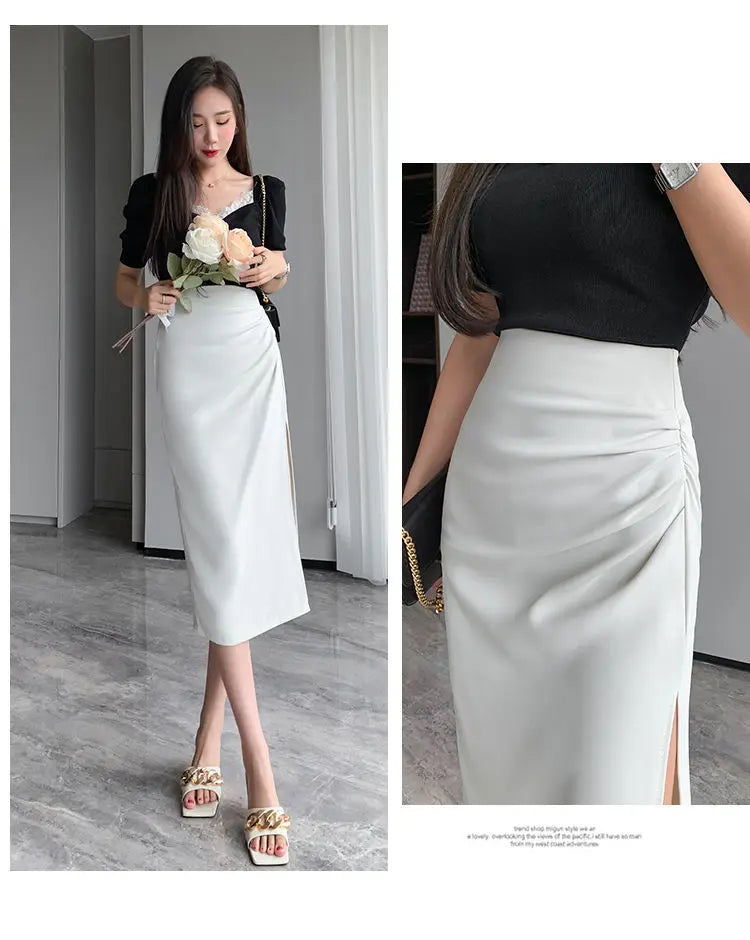 Slit Pleated Skirt for Women 2025 Summer New High-waist Slim Mid-length Versatile A-line Skirt