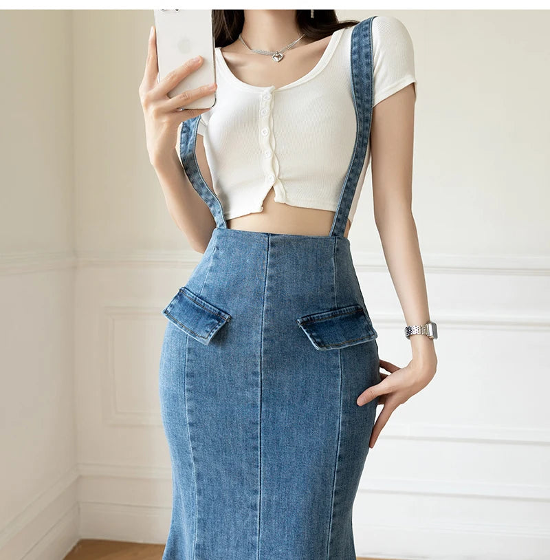 Elegant Casual Denim Jean Skirt for Women's High Waist Bodycon Ruffles Fishtail Skirts Fashion Trumpet Midi Length Skirts Female