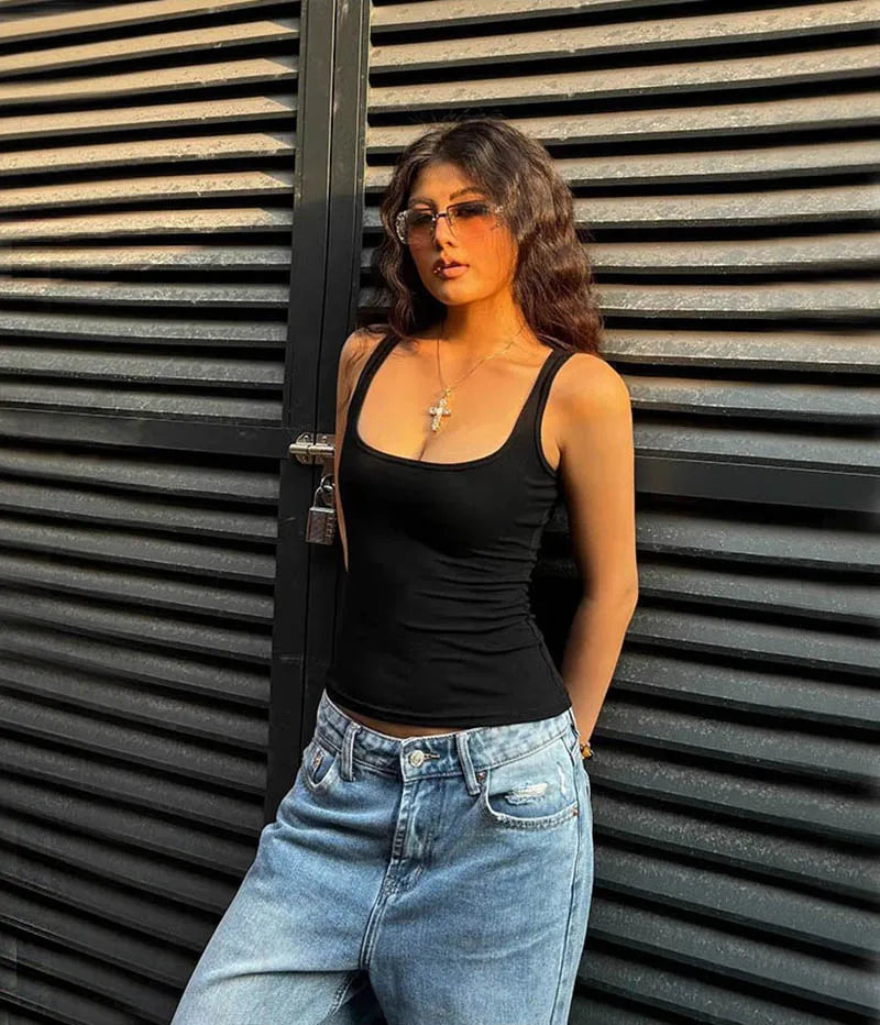 Women Scuplted Square Neck Tank Top