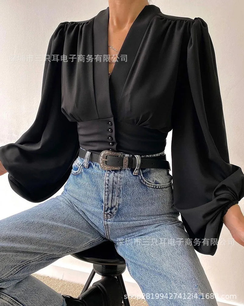 Elegant And Youth Woman Blouses Spring V-neck Lantern Sleeve Slim Fit Women's Shirts Button Long Sleeve Shirts And Blouses 2024