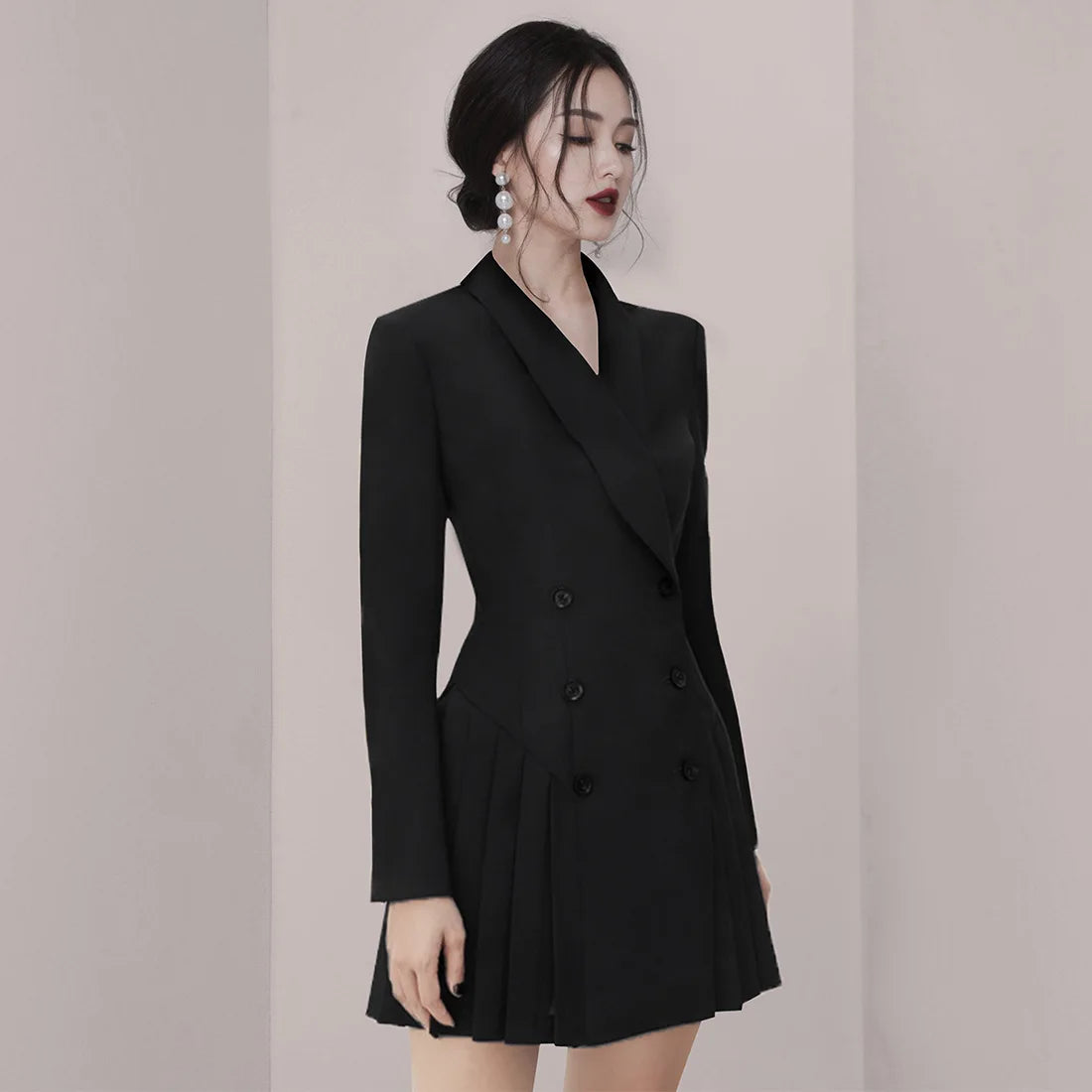 Trendy Early Autumn Bla Suit Dr V-Ne Long Sve Pleated Slimming OL Dr Faionable Women's  Dr for Young Ad...