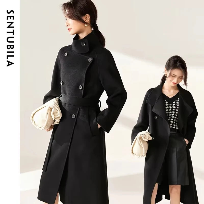 SENTUBILA Women's Long Woolen Overcoats 2025 Winter Outerwear Elegant Turtleneck Warm Double Breasted Belt Wrap Coat W24O42064