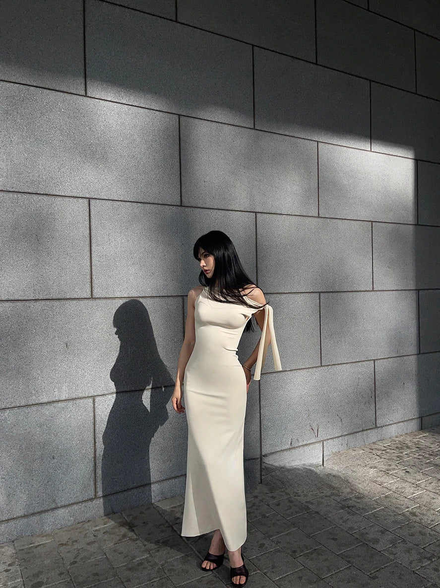 Women BODYCON  Sleeveless ONE-SHOULDER TIE RAW-CUT EDGES Sueded Stretch Knotted Maxi Dress