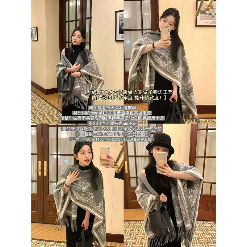 Light luxury and high-end shawl jacket for women in autumn and winter fashion, ancient style warm scarf, cloak outer outfit