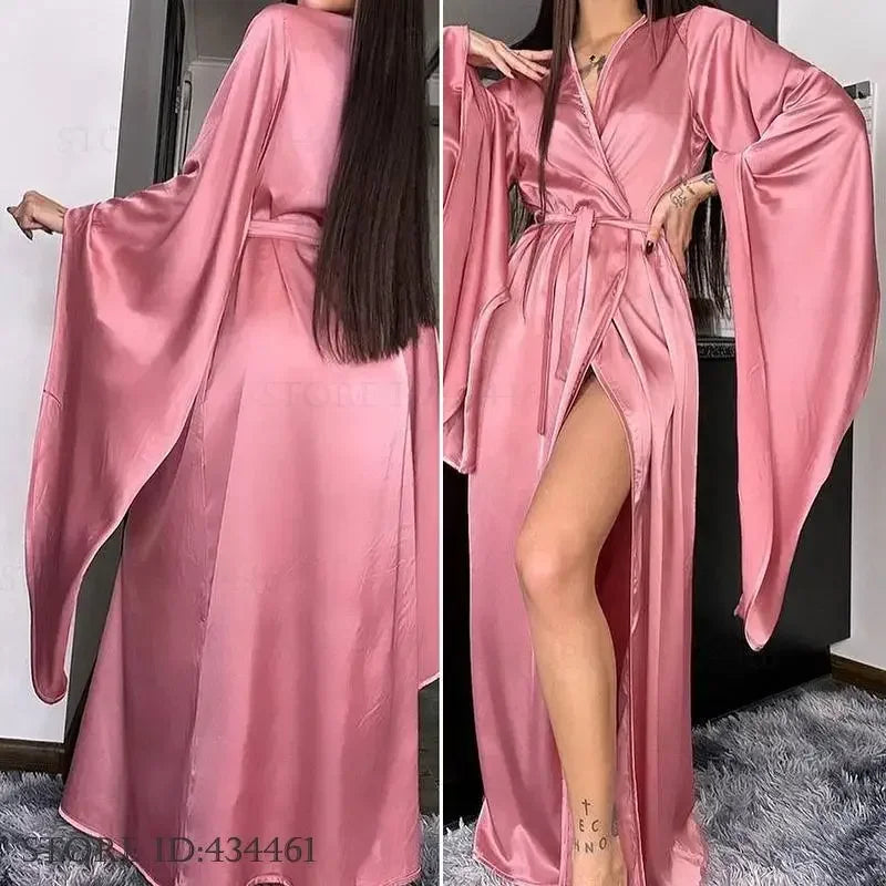 Fashion Elegant Women Long Robe Home Dress Sexy Ice Silk Kimono Bathrobe Gown Spring Summer Nightgown Loungewear Loose Homewear