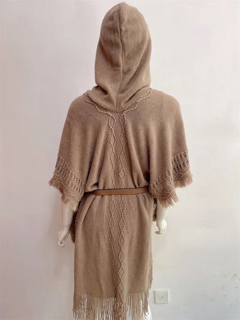 Hooded Crochet Cloak Poncho Shawl - Boho Chic Fringed Knit Wrap for Women, Spring-Autumn Versatile Outerwear