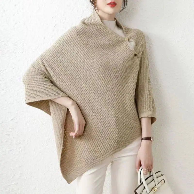 Warm Knitted Plain Color Scarf Thick Single Breasted Wool Shawl Wrap Women Cape Open Side Woven Cardigan Poncho Stole
